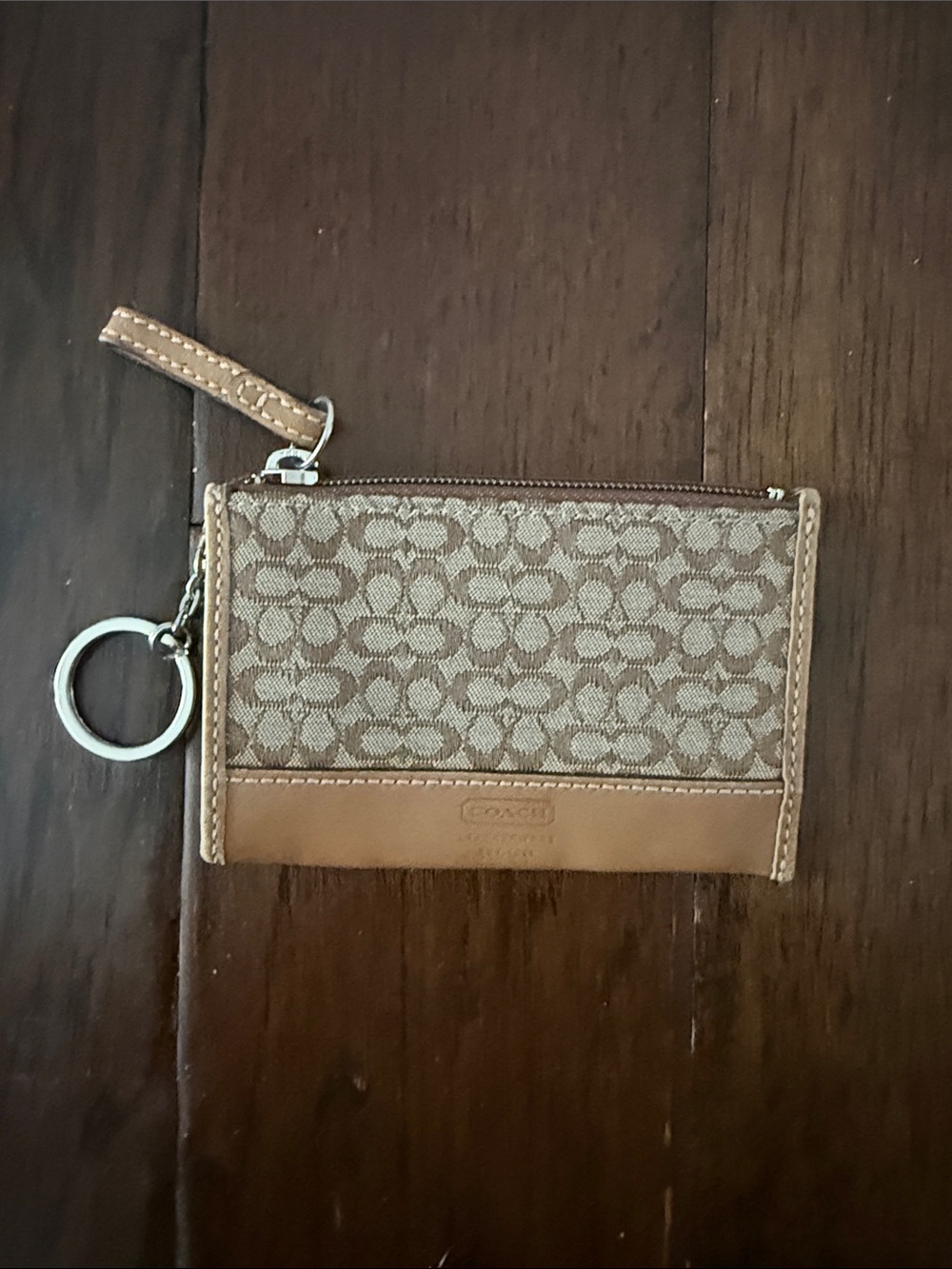 Coach Tan Signature Canvas Zip Card Case Keyring